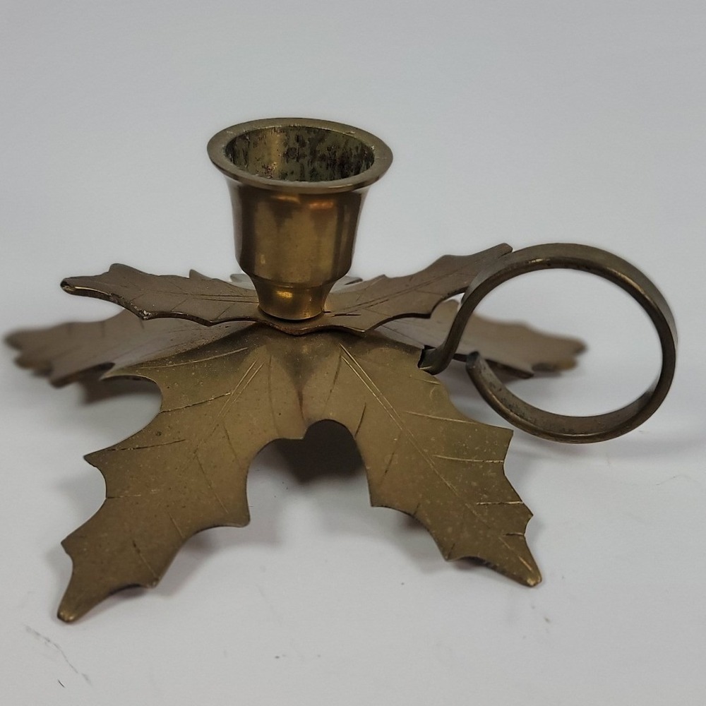 Vintage Brass Holly Leaf Candle Holder Finger Loop Chamberstick Christmas Decor